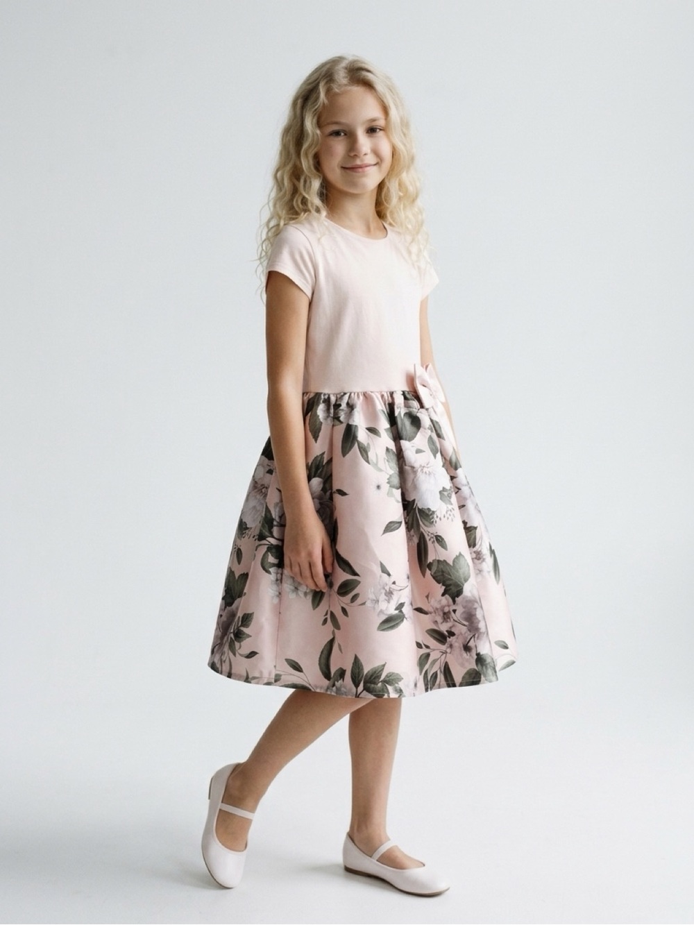 H&M Pale Pink Floral Satin Skirt Dress with Bow